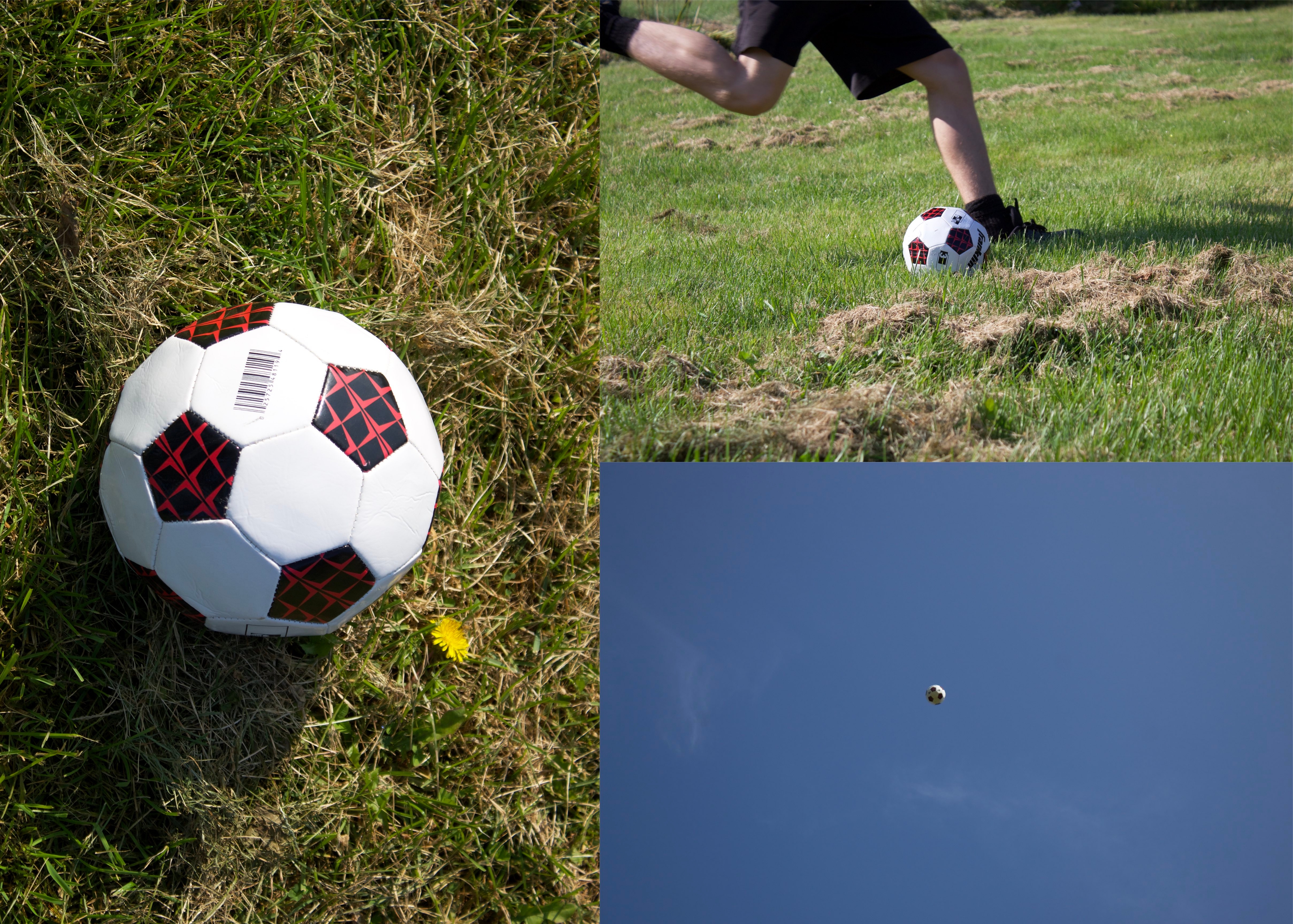 A collage of a ball, someone kicking it, and the ball high in the air.