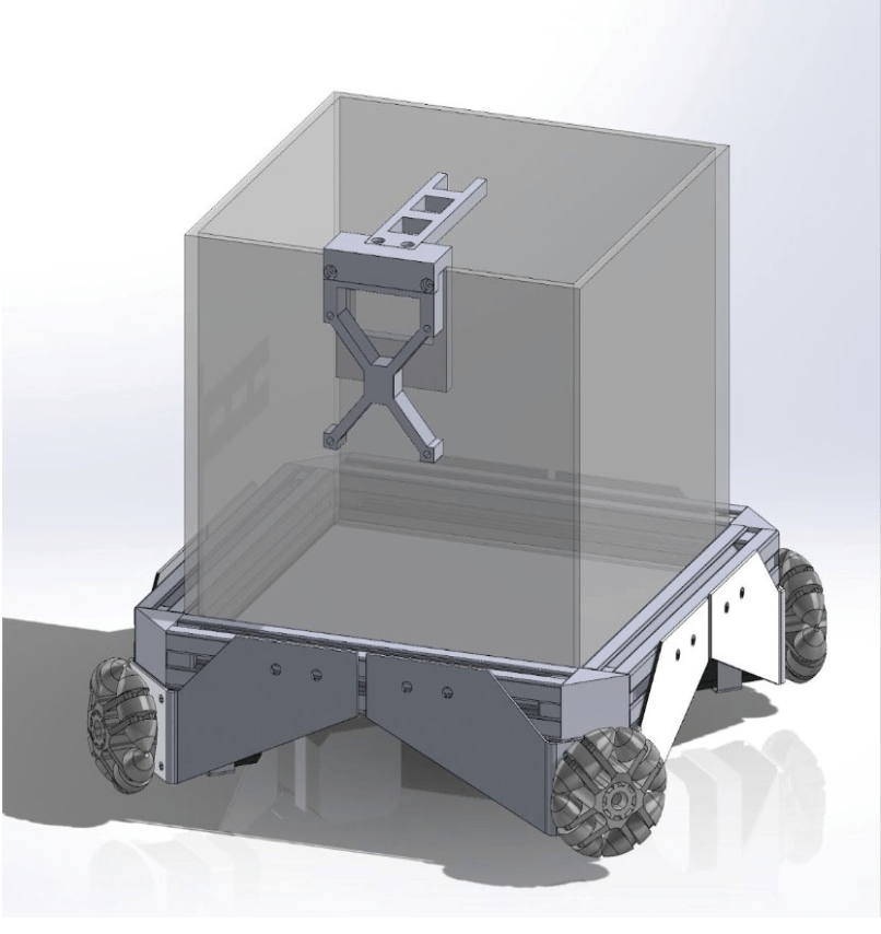 A 3D model of a fish tank on a wheeled platform.